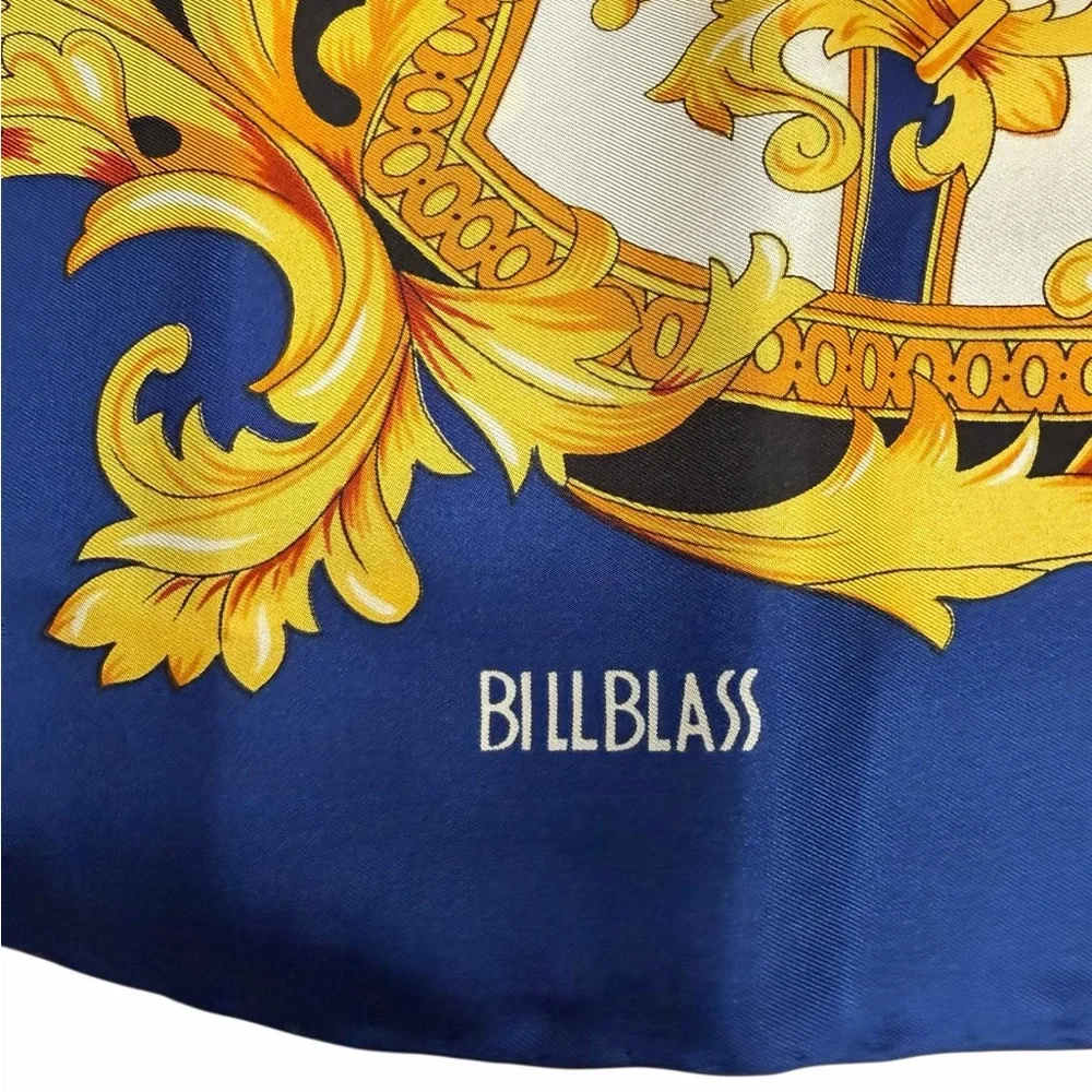 Bill Blass Vintage 100% Silk Scarf Blue Gold Baroque Chain Print - Picture 3 of 5